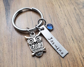 Owl Gift, Owl Keychain, Bag Charm, Birthstone Keychain, Owl Lover Gift, Hand Stamped Personalized Key Ring