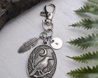 Raven Bag Charm / Black Bird Keychain / Personalized Crow Moon Purse Charm
