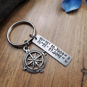 May include: A silver-colored keychain with a compass rose charm and a rectangular tag. The tag has stamped coordinates: 40°43' 10.7004" N and 76°22' 27.0048" W. The keychain is on a wooden surface.