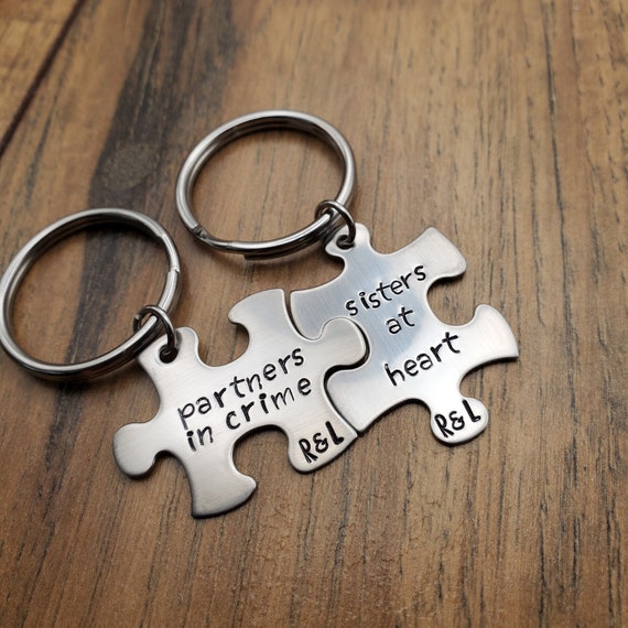 Hand Stamped Keychain Partners in Crime Sisters at Heart