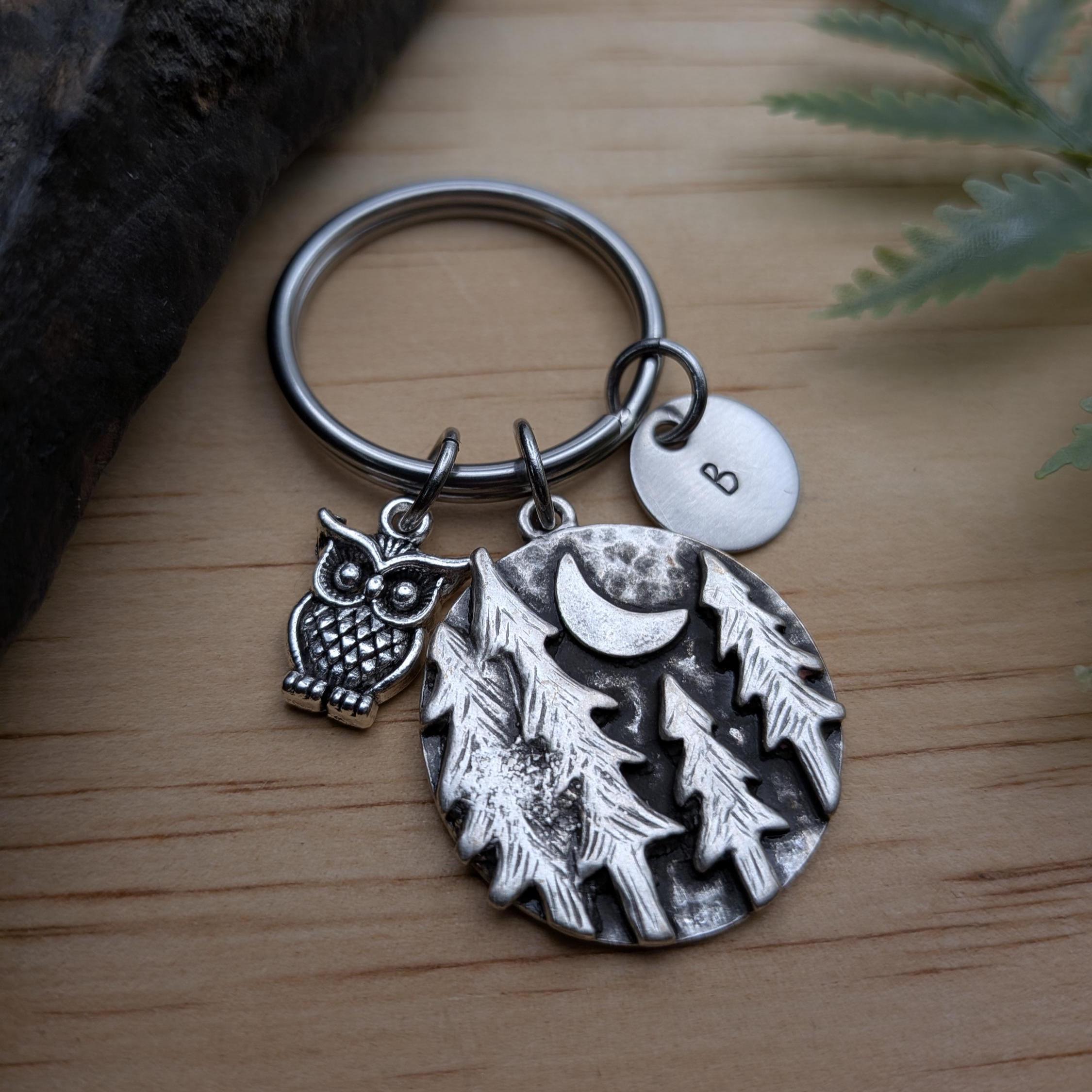 Owl Keychain / Purse Charm / Owl Gifts / Personalized Initial Charm / Trees Moon