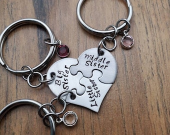 Sister Gifts - Puzzle Piece Keychains - Gifts for Sisters -  Big Sister Little Sister Middle Sister - Set of 3 - Hand Stamped Personalized