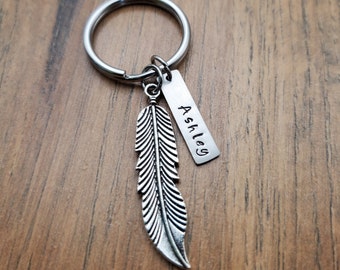 Feather Keychain, Feather Gift, Personalized Name Charm Key Ring