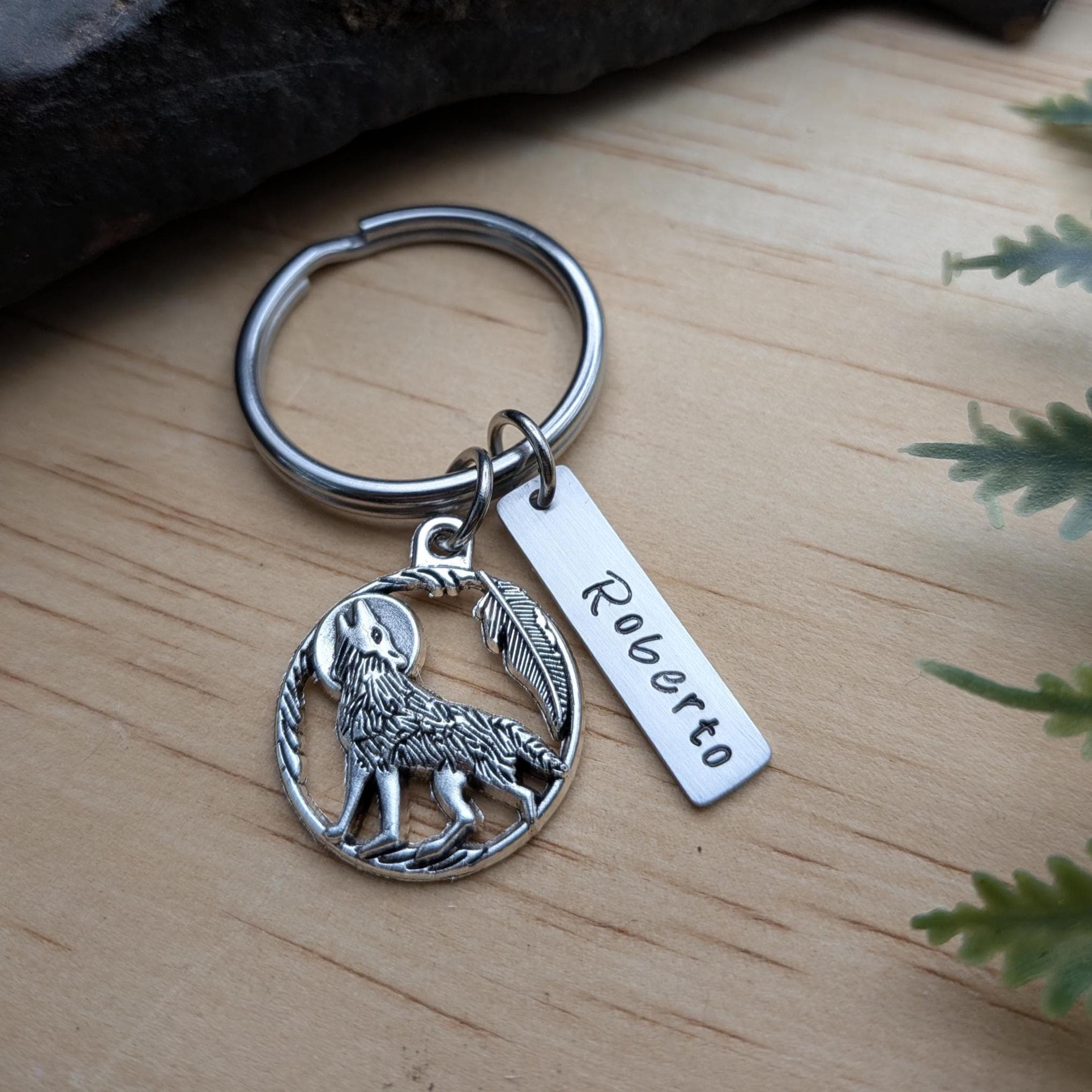 Wolf Keychain, Wolf Gift, Personalized Wilderness Charm Key Ring