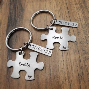 Hand Stamped Personalized Anniversary Gift for Him, Puzzle Piece Keychain Set, Anniversary Keychains, New Boyfriend Gift image 3