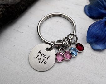 Aunt Gifts, Aunt Keychain, Birthstone Keychain, Hand Stamped Personalized Gifts