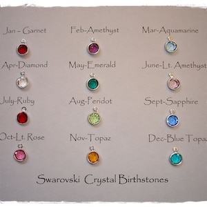 Puede incluir: Una exhibici&oacute;n de dijes de piedras de nacimiento de cristal Swarovski en varios colores, incluyendo rojo, morado, verde y azul. Cada dije est&aacute; etiquetado con un mes y el nombre de una gema, como "Ene - Granate". El texto "Swarovski Crystal Birthstones" est&aacute; en la parte inferior.