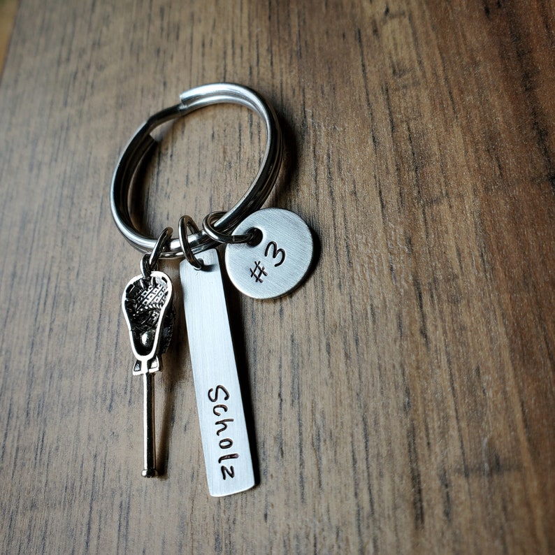 Hand Stamped Personalized Lacrosse Keychain Boys Lacrosse Gift Girls Lacrosse Gift Lacrosse Gifts LAX Keychain image 3