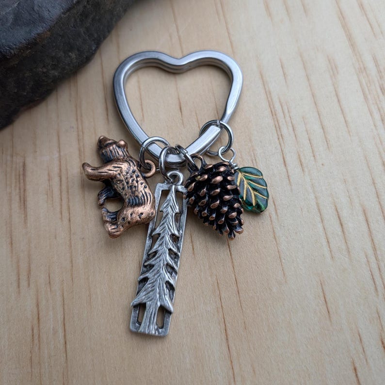 Bear Purse Charm / Bear Keychain / Leaf Pine Cone Mountain Themed Gifts Heart