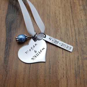 Hand Stamped Bouquet Charm - Personalized Wedding Gift - Something Blue For Bride - Bride Gift - Bride To Be