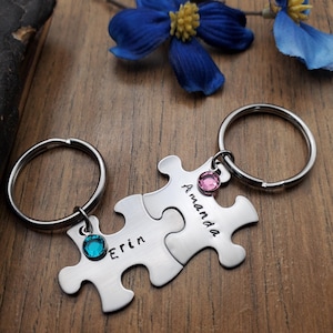 Porte-clés avec pièce de puzzle, Porte-clés d&#39;anniversaire, Porte-clés meilleur ami, Cadeau pour soeur, Cadeau pour ami, Cadeau pour meilleur ami, Personnalisé estampé à la main