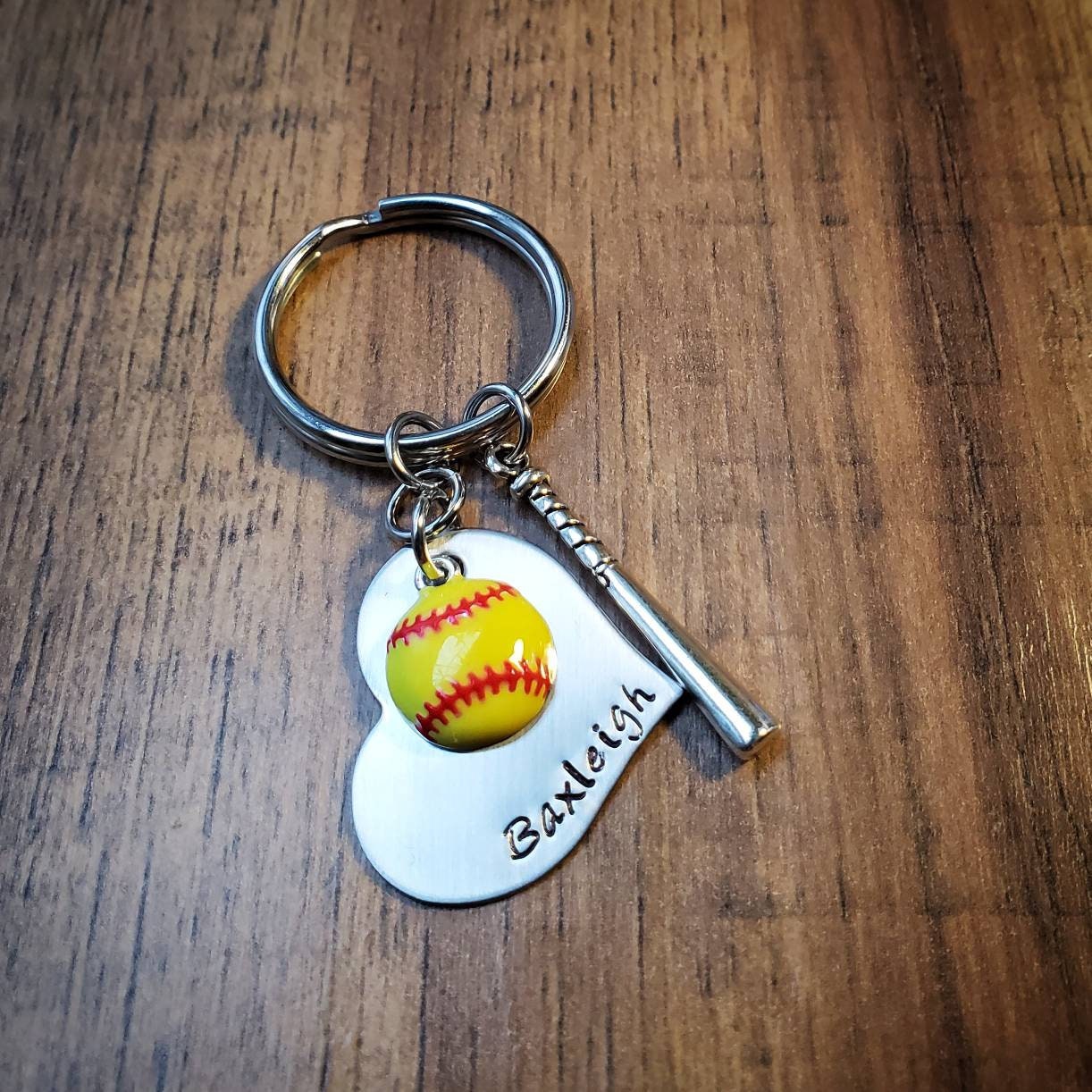 Hand Stamped Softball Keychain Bat Bag Charm Softball Keychain Etsy