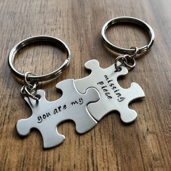 You are my missing piece Keychain - Puzzle Pieces Keychain Set - Couples Keychain Set - Anniversary Gift Hand Stamped -