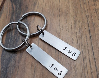 Hand Stamped Personalized Anniversary Gifts For Him, Anniversary Gifts For Her, Couple Keychains Set