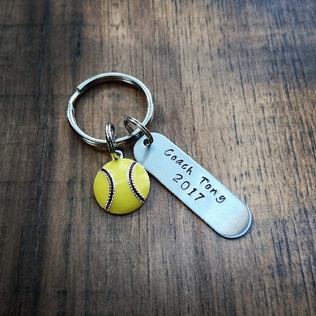 Hand Stamped Personalized Softball Coach Keychain Coaches Etsy