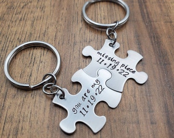 You are my missing piece Keychain, Puzzle Pieces Keychain Set, Couples Keychain Set, Anniversary Gift with Date Hand Stamped Personalized