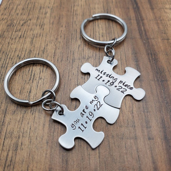 You are my missing piece Keychain, Puzzle Pieces Keychain Set, Couples Keychain Set, Anniversary Gift with Date Hand Stamped Personalized