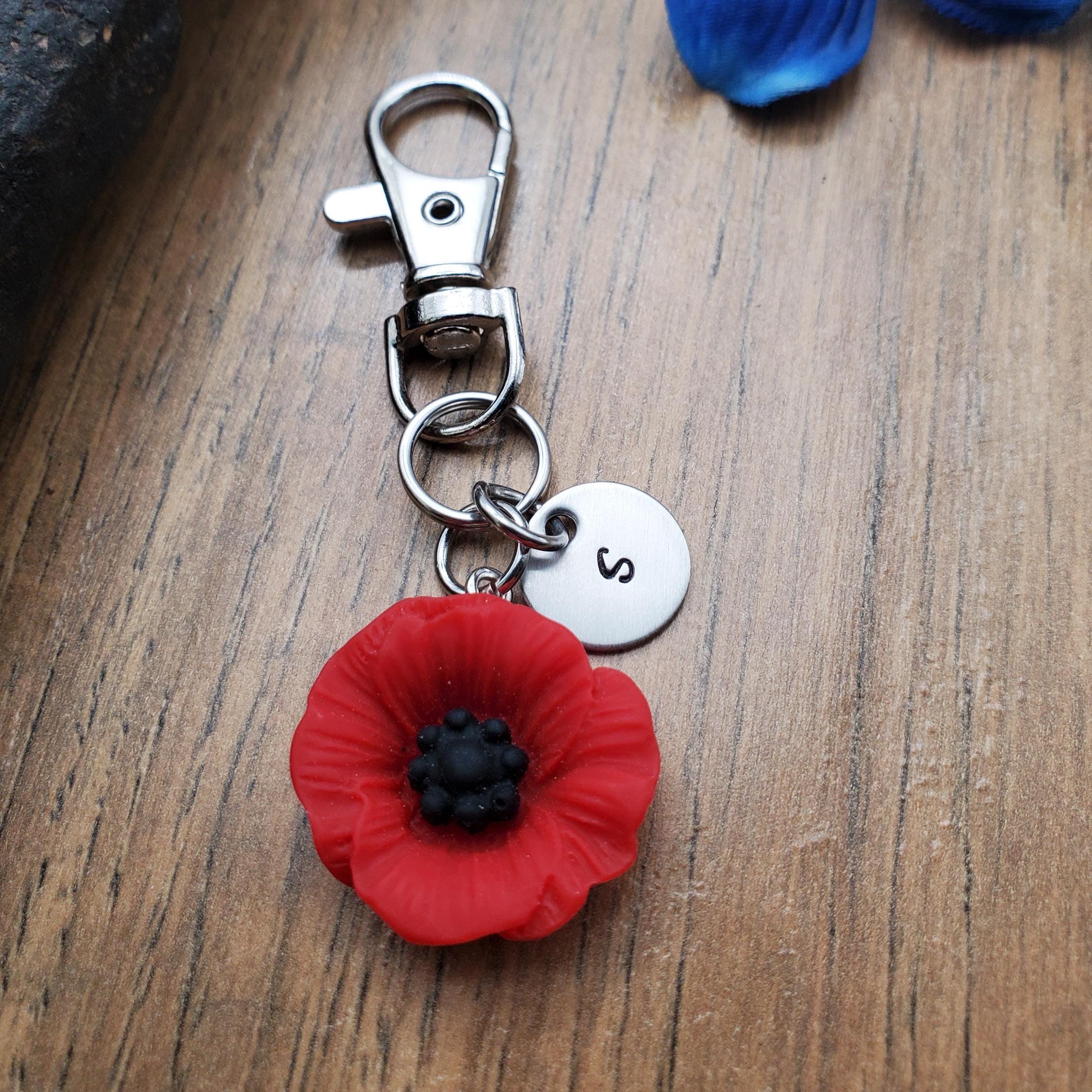 Personalized Red Poppy Keychain, Bag Charm, Purse Charm, Custom