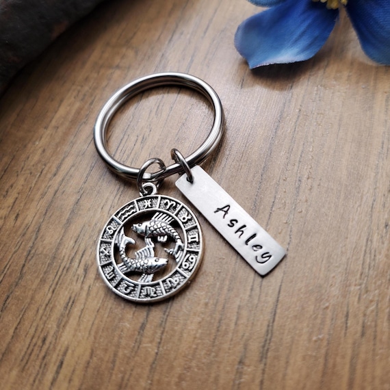 Pisces Keychain, Pisces Zodiac Gift, Personalized Horoscope Key