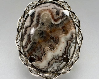 Italian Sterling Silver Filigree Dendritic Agate Pin/ Pendant with Chain