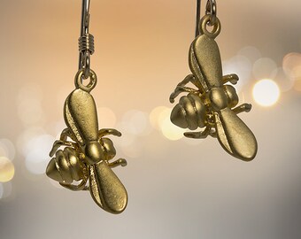 Small Golden Bee Minimalist Dangle Charm Earrings