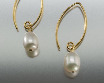 White Freshwater Pearl Sterling Silver Gold Vermeil Dangle Earrings