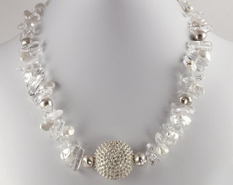 Oursin de mer argent massif, collier perle et cristal