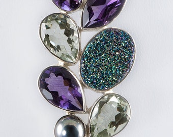 Prasiolite, Amethyst, Pearl, Druzy Sterling Silver Pendant