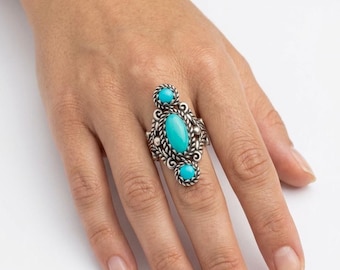 Carolyn Pollack Sterling Silver Sleeping Beauty Turquoise Statement Ring, American West Jewelry Three Stone Cabochon Ring Size 6, 11.27g