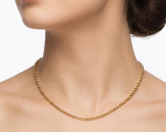14K Solid Gold Rolo Chain Necklace, 2.25mm Real Gold Belcher Chain, 18 Inch Italian Gold Link Necklace for Women, Everyday Layering Chain