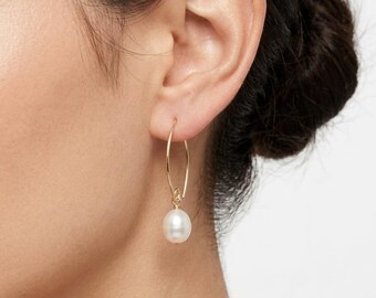 White Freshwater Pearl Sterling Silver Gold Vermeil Dangle Earrings