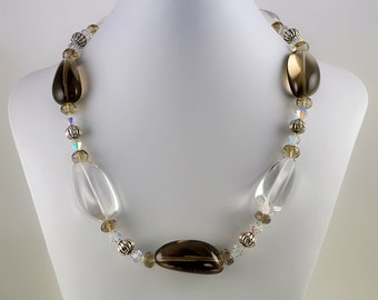 Sterling Silver Smoky and Clear Quartz 21 Inch Necklace