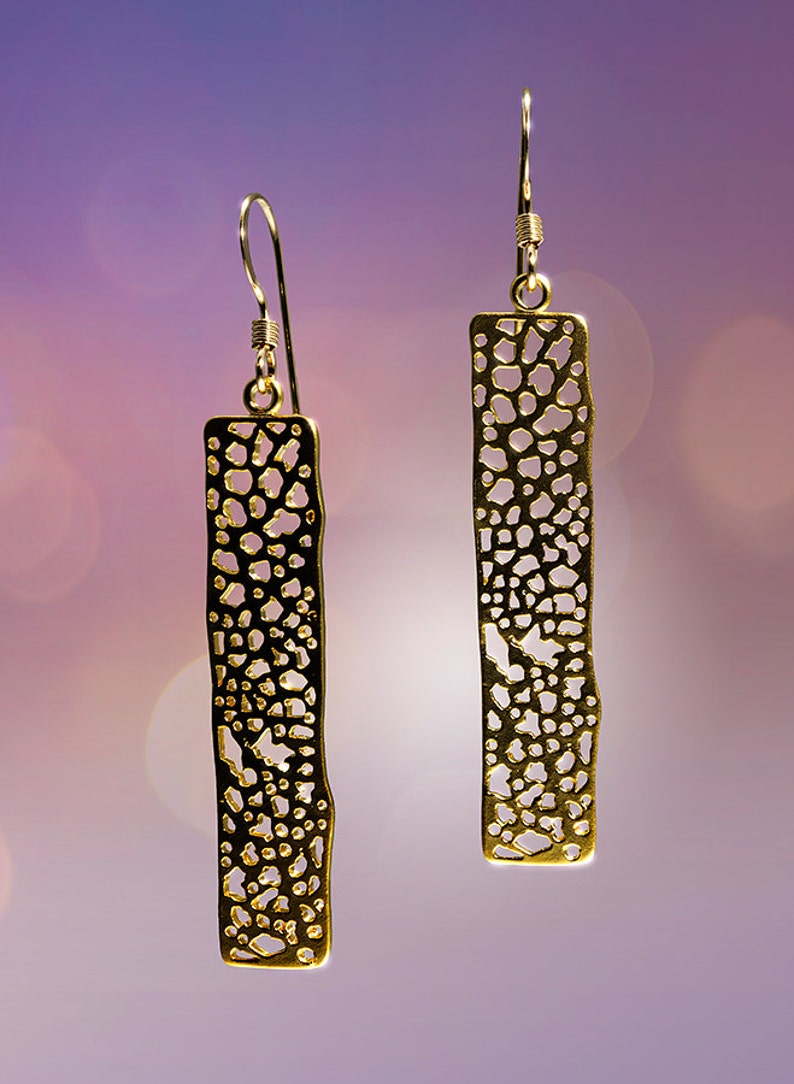 Satin Finish Gold Organic Textured Stick Earrings image 1