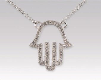 925 Sterling Silver Pavé CZ Hamsa Hand Necklace
