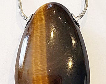 Vintage RAGE Sterling Silver Tigers Eye Pendant Necklace 925 Italy Hallmarked 17 Inch Snake Chain Large Statement Teardrop Gemstone Jewelry