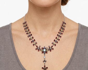 Vintage Nicky Butler Multi Gemstone Necklace 925 Sterling Silver, Retired NB Garnet Moonstone Amethyst Citrine Iolite Floral Drop