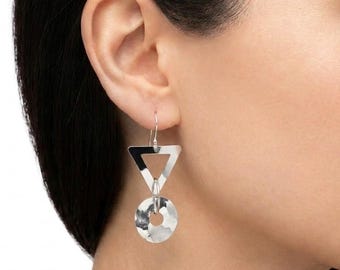 Taxco Triangle & Circle Sterling Drop Dangle Earrings
