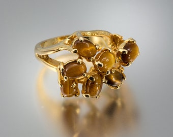 18K Heavy Gold Electroplate.Gem Quality Golden Tiger Eye Ring Size 6