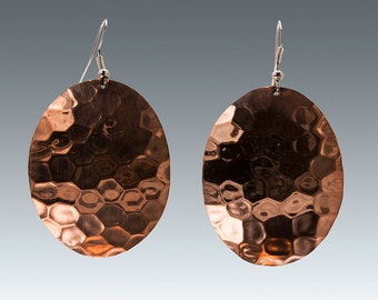 Vintage Oval Hammered Copper & Sterling Silver Earrings