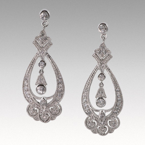 Sterling silver and CZ Victorian-style teardrop d… - image 1