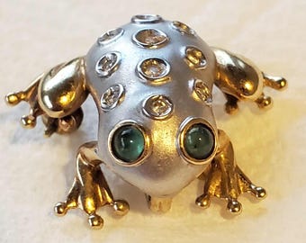 14K Gold Frog Pin Pendant Signed BJC Samuel Benham Genuine Emerald 10 Diamond Accents Convertible Brooch 3.78g