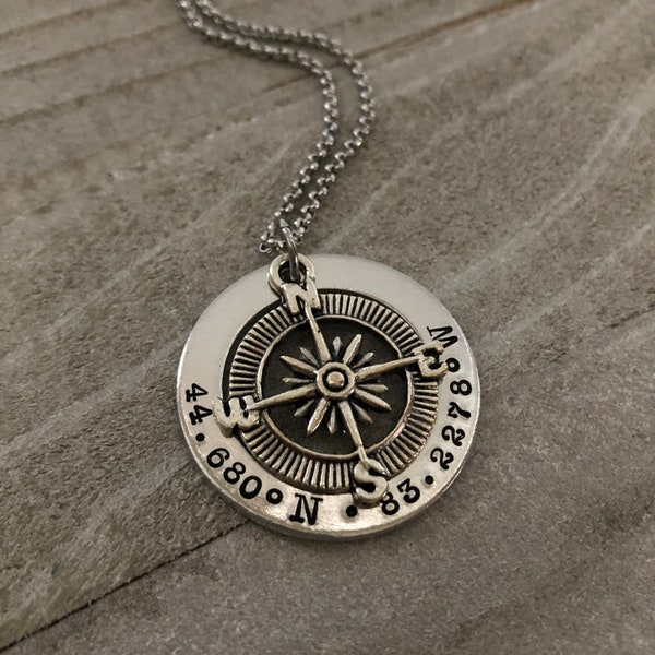 Personalized Coordinates Necklace. Compass Necklace, Coordinates Jewelry, Going Away Gift, Gifts for Her, Long Distance Relationship