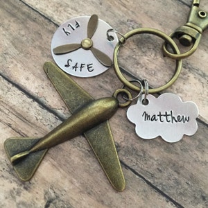 Airplane Keychain, Pilot Gift, Fly Safe Keychain, Cloud keychain, Father's Day Gift, Co-Pilot Keychain, Aviation Gift, Personalized