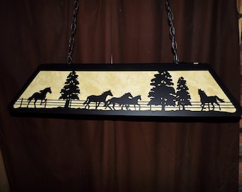 Awesome Laser cut Steel Horses at Play X Lrg Pool Table or Bar Light Lamp hunt cabin Farm & ranch Decor Black
