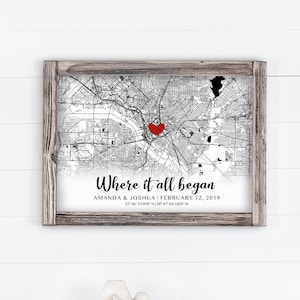 Carte cadeau de Noël personnalisée encadrée, carte de coordonnées personnalisées, cadeau de fiançailles pour couple, carte où tout a commencé