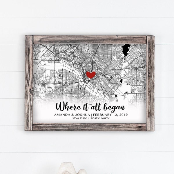 Personalized Christmas Gift Map Framed, Custom Coordinates Map, Engagement Gift for Couple, Map Where it all began