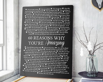 60 Reasons Why We Love You Canvas Print, Personalized Birthday Gift