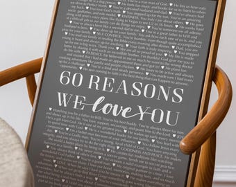 Personalized 60 Reasons We Love You, Custom 60th Birthday Gift – Wall Art Print or Canvas for Mom, Wife or Husband, Ready to Hang