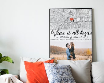 Couple Gift Map Engagement Gift, Engagement Custom Gift Map, Custom Map Print, Where she said yes, Couples Gift, Address map Canvas Wedding