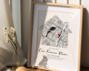 Custom Home Map Print, Personalized Housewarming Gift, Framed
